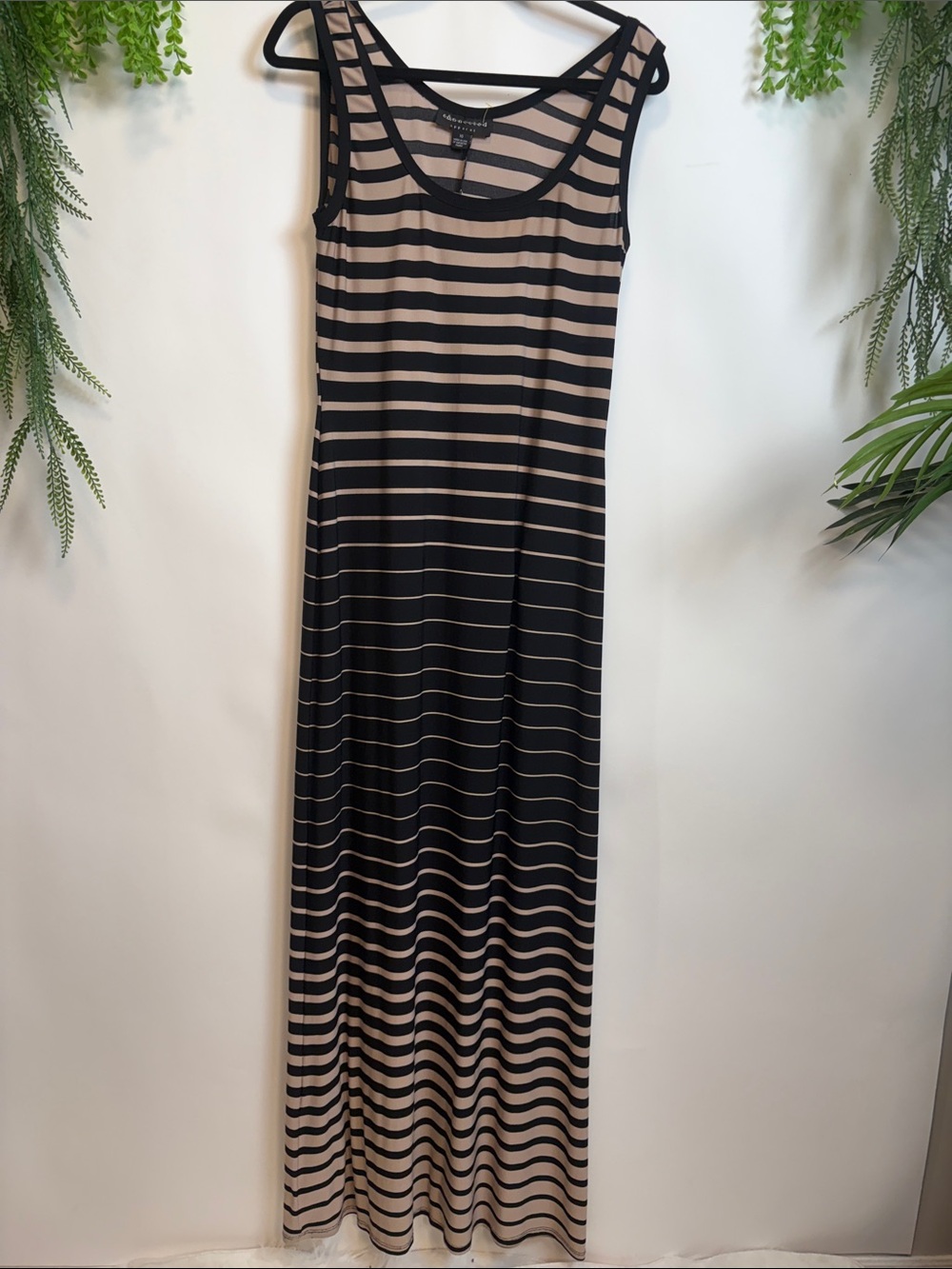 connected apparel Black and Taupe Striped Sleeveless Maxi Dress